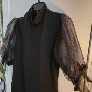 Black hightop cocktail blouse with sheer sleeves, Kaktus designer, size M
